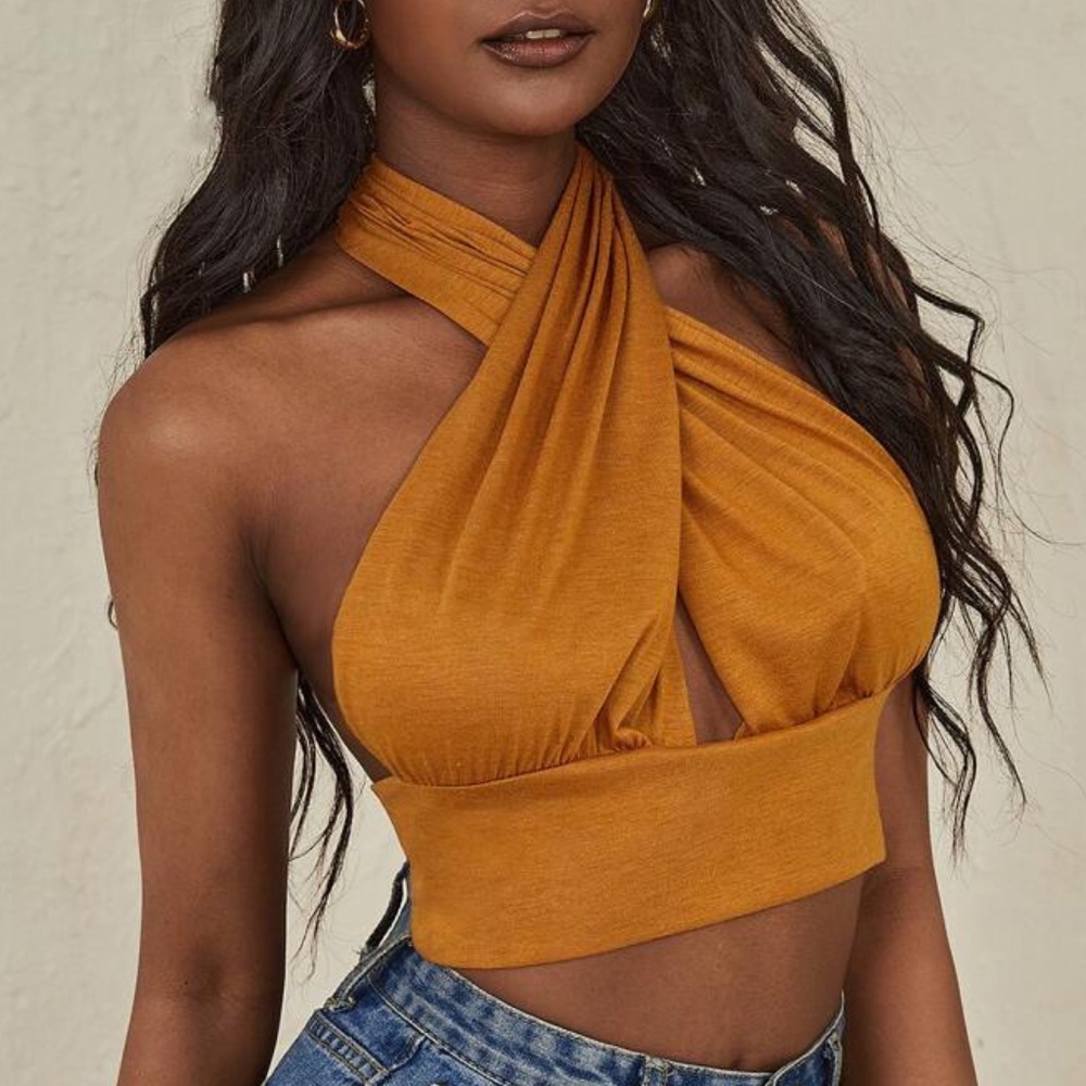 Boho Mustard Ribbed Summer Wrap Crop Halter Top